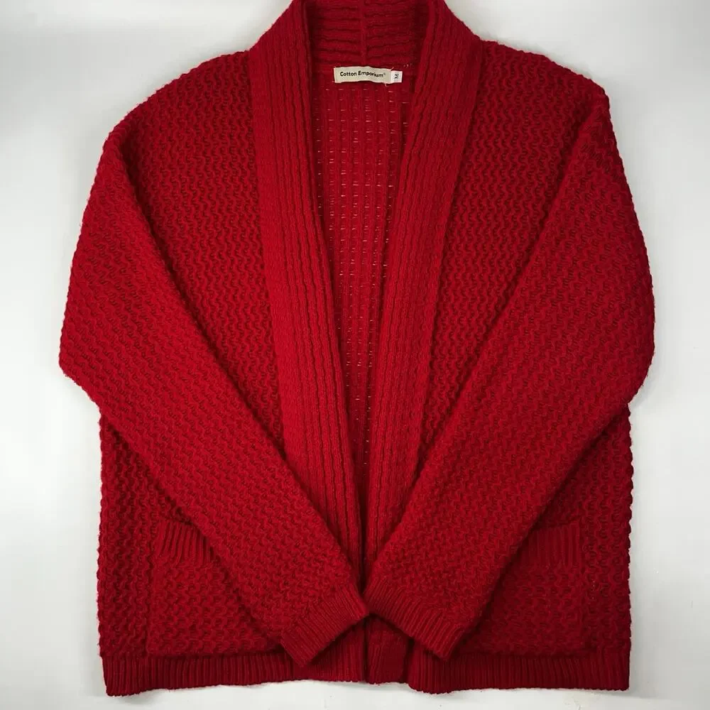 Red Knit Cardigan Sweater Open Front Women’s Size Medium Cotton Emporium - Picture 4 of 9